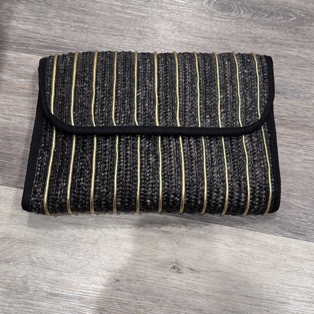 Vintage 80's Black and Gold Striped Raffia Clutch